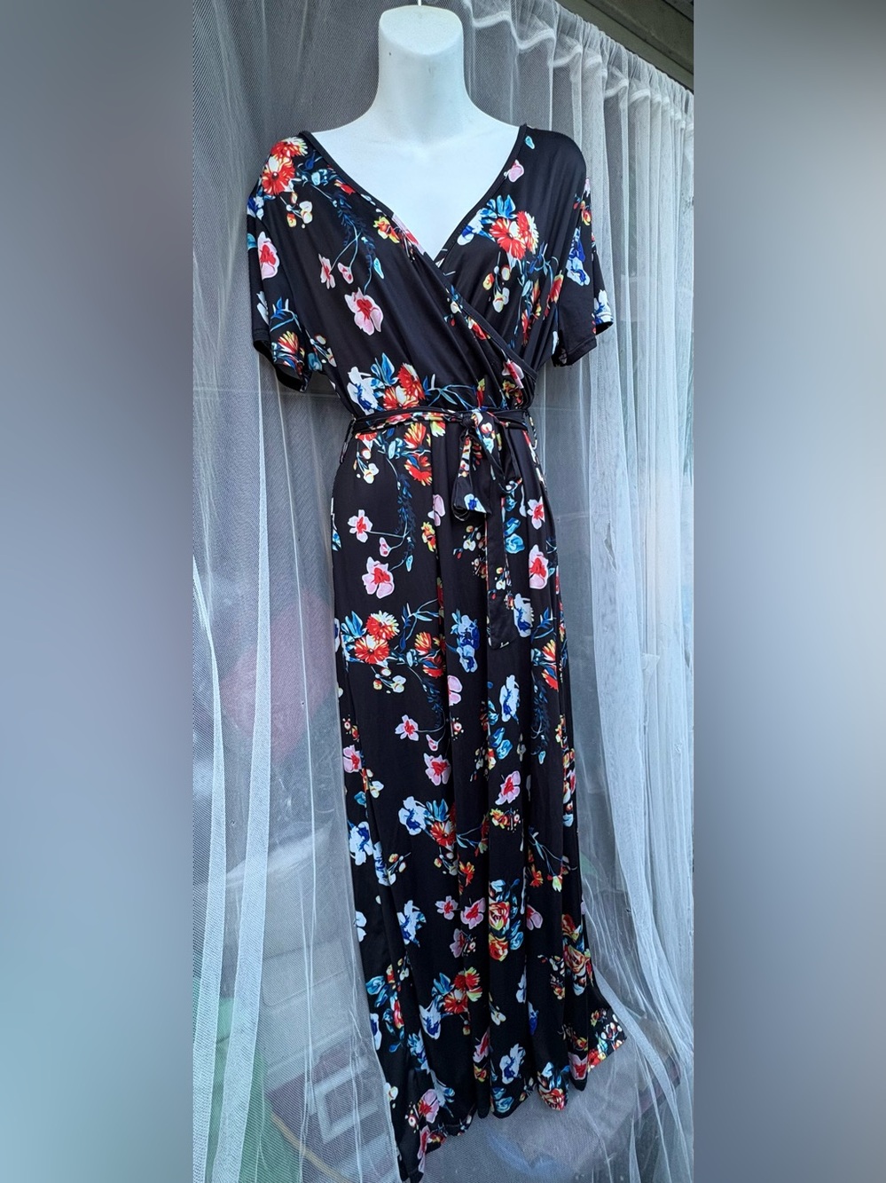 Black Floral Wrap Maxi Dress with Belt